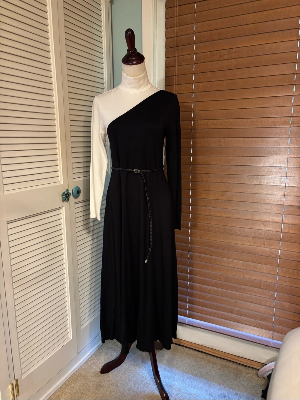 Anne Klein Black Maxi Dress with Slim Braided Belt